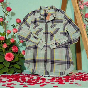 American Eagle Plaid Shirt Womens Small Buttons Pastel Colors Blue & Yellow NWT